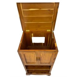 Unicornman - yew wood cabinet, moulded hinged lid over two panelled doors and shelves (W56cm, H99cm, D45cm); and four Unicorn man CD racks two in yew wood and two in oak (W20cm, H36cm, D20cm); all carved with unicorn signature and by Geoff Gell, Coxwold
