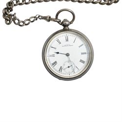 Victorian silver open faced key wound pocket watch by Waltham Mass, no. 4656211, white enamel dial with Roman numerals and subsidiary seconds dial, engine turned with vacant cartouche, Birmingham 1891, on silver Albert chain