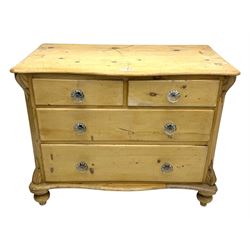 19th century continental pine chest, shaped serpentine top over two short and two long graduated drawers, on turned bun supports