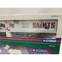 Corgi - three 'Hauliers of Renown' limited edition 1:50 scale heavy haulage vehicles comprising CC13803 Mercedes-Benz Actros Curtainside Robert Summers Transport Limited; and CC13406 MAN TGA XXL Box Trailer Saints Transport; all boxed (3)