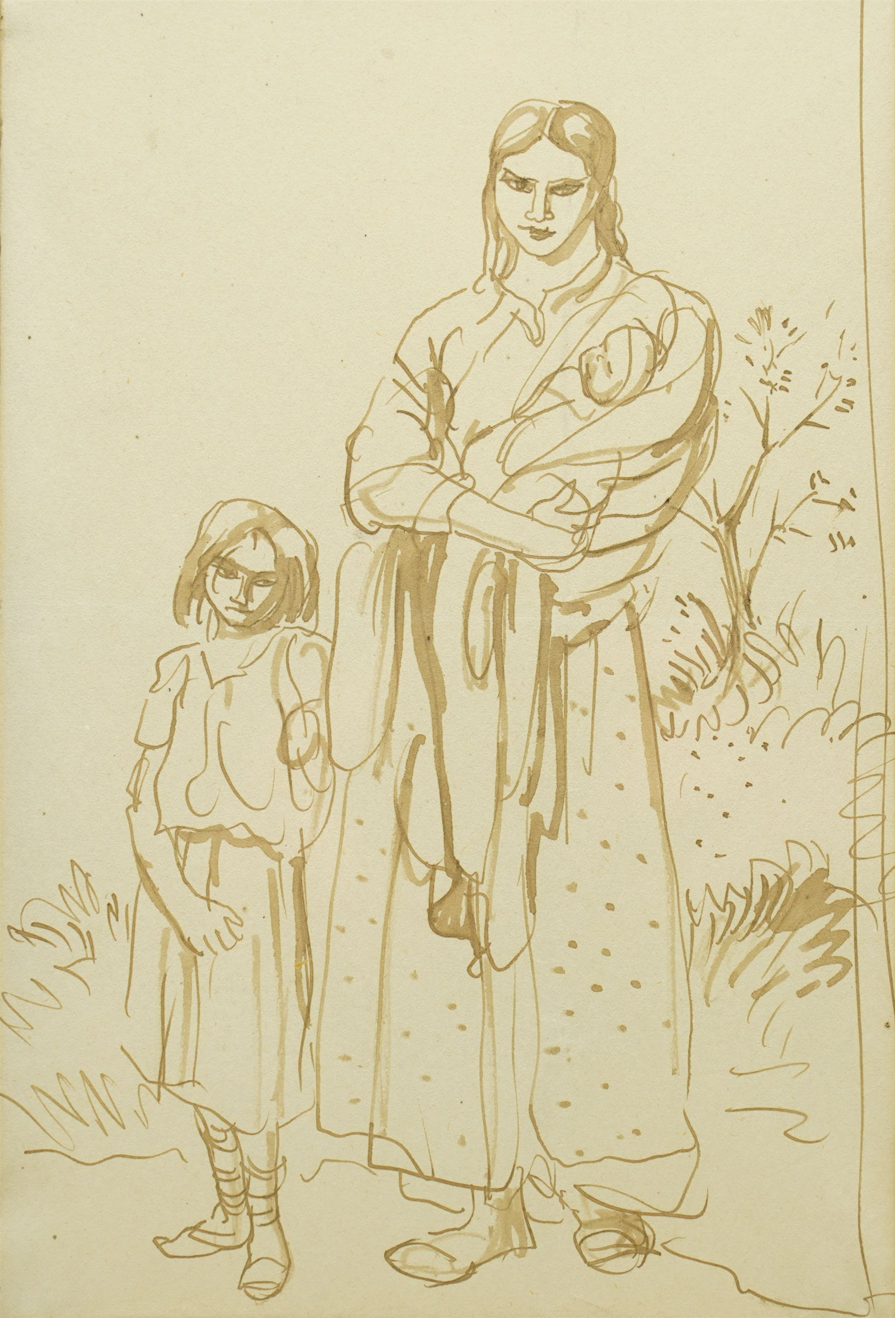 Augustus Edwin John O.M. (British 1878-1961): Study of a Mother and Child with Baby in Rural Landscape, pen and ink on paper unsigned 24cm x 16cm
Provenance: previously with the Chenil Galleries, Chelsea