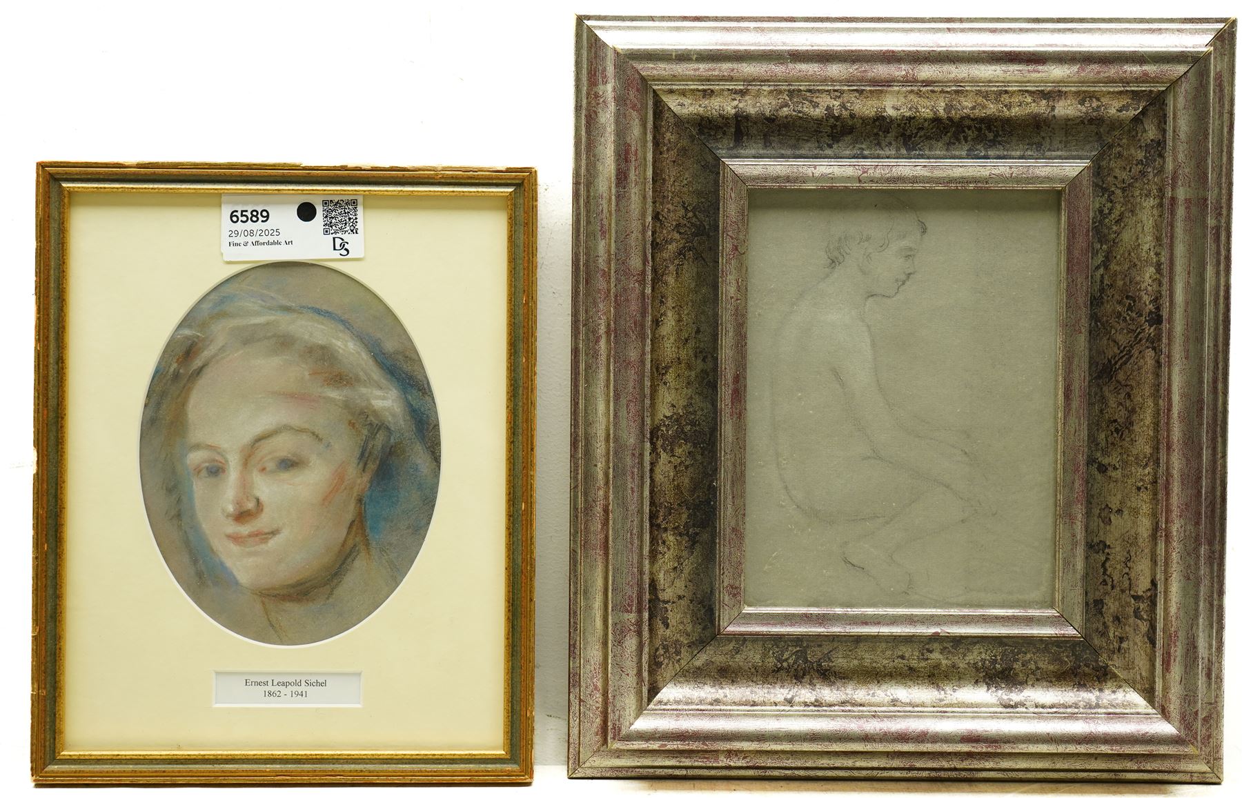 Ernest Leopold Sichel (British 1862-1941): Portrait of a Girl and Seated Nude, pastel and pencil sketch, the latter signed in pencil, the former attributed on mount max 18cm x 13cm (2)