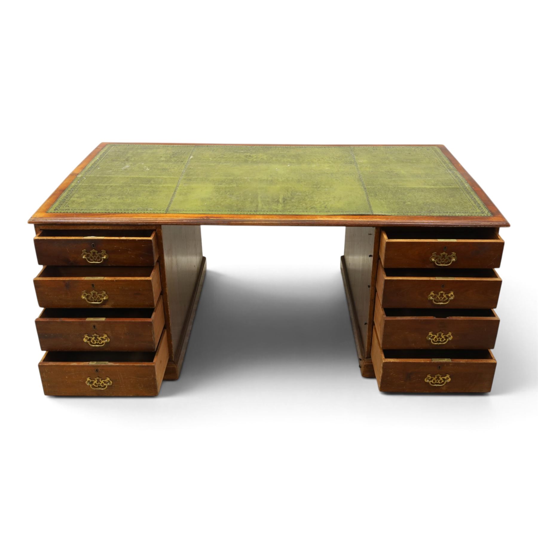 Edwardian mahogany office desk, recatangular top with green inset leather writing surface, fitted with two banks of four drawers, brass swan neck handles with ornate backplates