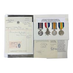  WWI Military Medal awarded to S-3957 Pte. W. Wood Med. Unit R.M. as reported in the London Gazette 14th May 1919 for services at 'the British Offensive 1918 Drocort-Queant Line and subsequent Operations' with archive of research information and original bill of purchase from Spink & Son dated 5/9/1957; together with a WWI group of three medals comprising British War Medal, Victory Medal and 1914-15 Star awarded to 1732 Pte. D. Newton R.A.M.C.