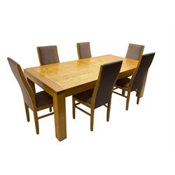 Large pippy oak rectangular dining table, square block leg, and six high back upholstered chairs, retailed by Chapmans of Newcastle