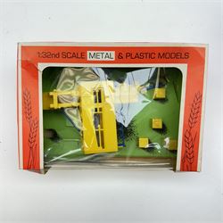Britains 1:32 scale farm implements, vehicles and figures,  comprising 9563 Hay Baler, 9539 Seed Drill, 9534 Disc Harrow, 9537 Acrobat Rake, 9530 Three Furrow Plough, 9547 Horse Box with Horse, 9576 Farm Land Rover, 2078 male Rider with Horse, 9533 Roller, 9538 Vari-Spreader, 9536 Cultivator, three 1742 Hay Bales, 1740 Milk Churns and 1741 Sacks, all boxed, together with trees, walls, buildings and loose vehicles
