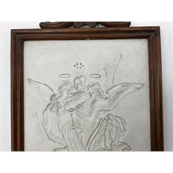 KPM Berlin lithophane panel, of two angels supporting a female figure to the centre, encased in a rosewood frame and handle, H42cm