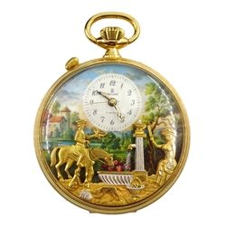 Charles Reuge Saint-Croix musical automaton alarm pocket watch, cylinder movement, alarm hand, printed landscape scene with depicting a lady beside a water pump and a figure on a horse, No. 3307, wide, with fitted box, winding key and booklet 