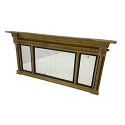 19th century gilt framed overmantel mirror with inverted breakfront cornice over three mirror panels framed by ornate columns