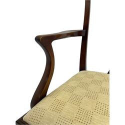 Set six (1+5) George III design mahogany dining chairs, shaped cresting rail over bulbous vase-shaped splat with pierced decoration, on square tapering supports, upholstered drop-in seats