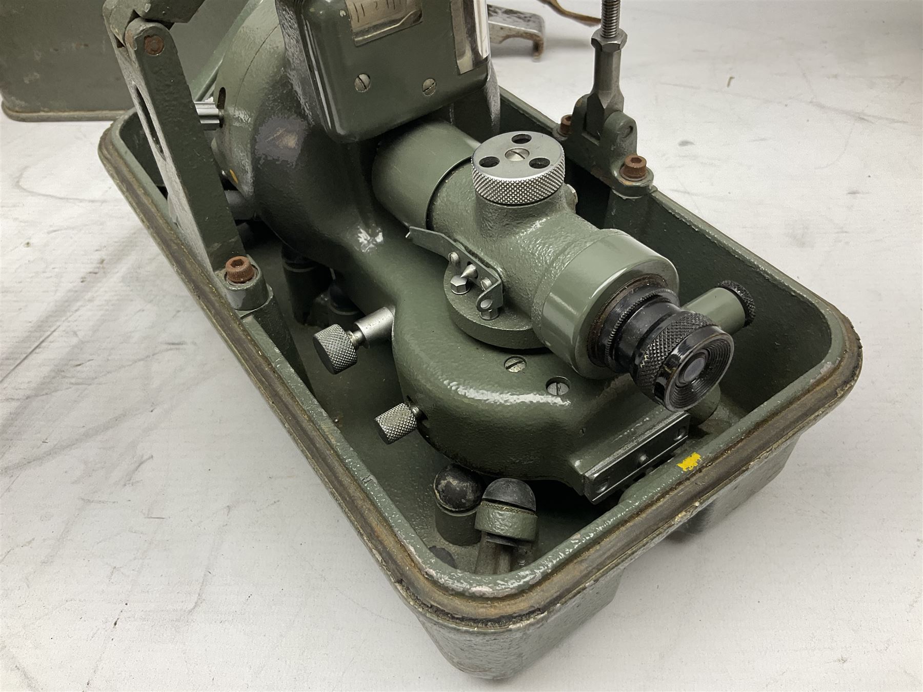 Swiss Kern K1-RA engineer's self-reducing tachymeter theodolite, serial no.197914, with metal cover; Hilger & Watts Ltd. theodolite, serial no.114671, with tool set and metal over; Cooke Troughton & Simms Ltd. tilting level, serial no.SO377O3; uncased; and mahogany hinged  measuring staff (4)