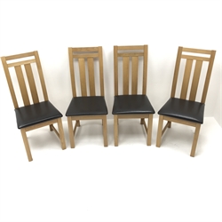  Set four solid oak dining chairs, leather upholstered seats, square supports, W46cm  