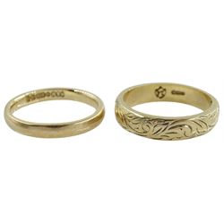 Two 9ct gold wedding bands, one with bright cut decoration, hallmarked