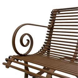 Painted wrought metal 'Arras' chair, curved frame with horizontal rails and scrolled arms, on hoof feet, in russet brown paint finish, with brass plaque 'Usine, S. Sauveur, Arras' 