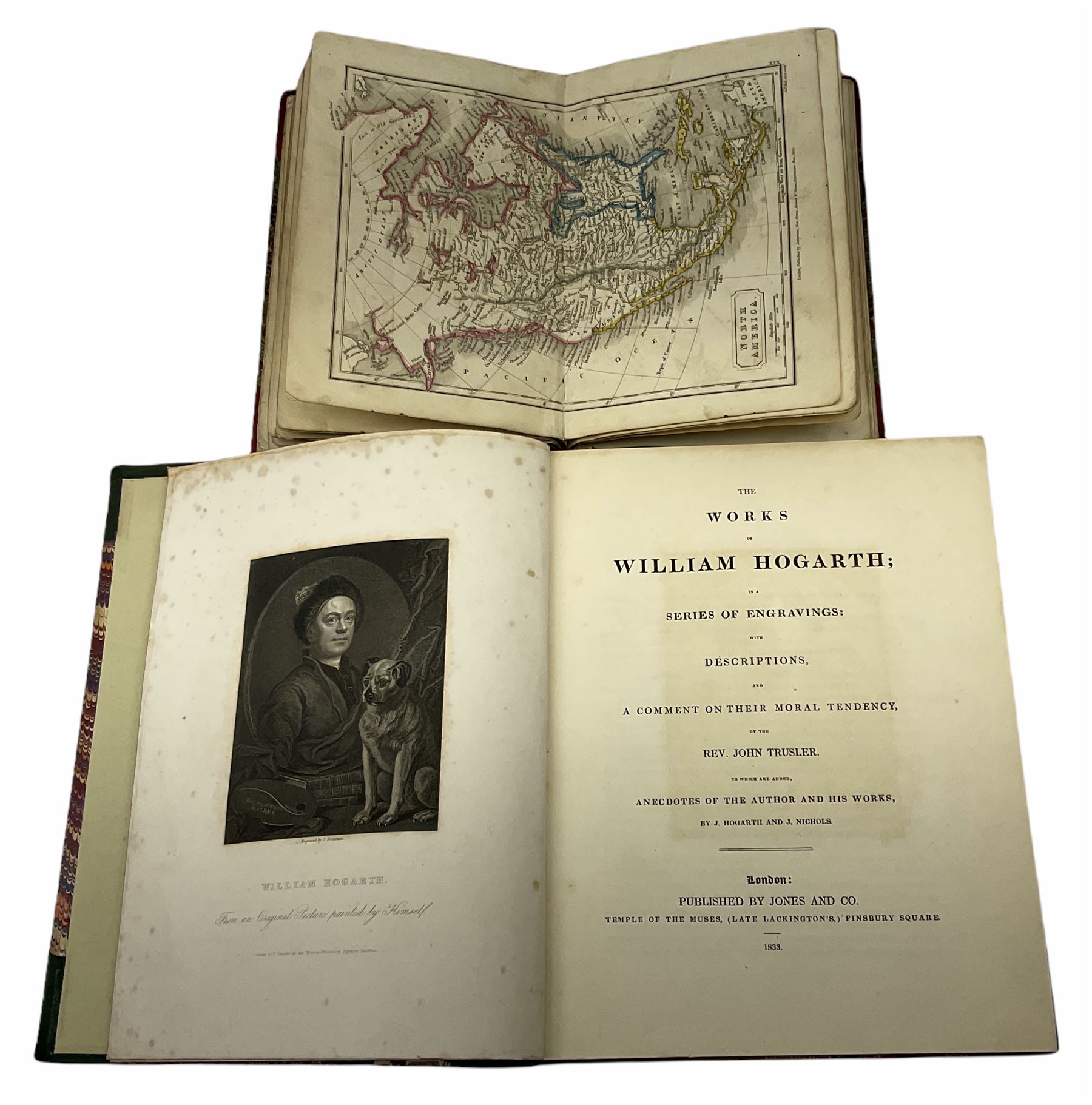 The Works of William Hogarth, in a Series of Engravings with Descriptions and Comment on their Moral Tendency, by the Rev. John Trusler, bond together with Durham & Northumberland Illustrated from Original Drawings by Thomas Allom and Wales Illustrated in a series of views, together with a bound group of maps of Europe. 

