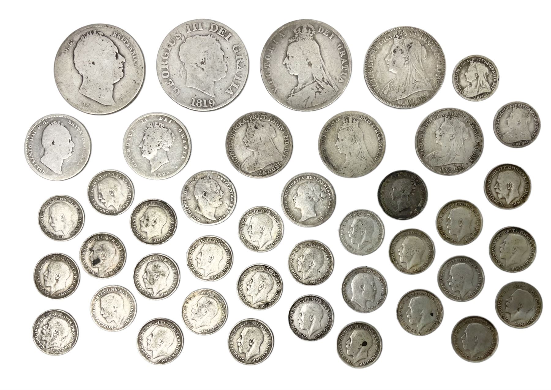 Approximately 120 grams of Great British pre 1920 silver coins, including George III 1819 half crown, William IIII 1834 shilling, Queen Victoria 1892 half crown, various silver threepence pieces etc