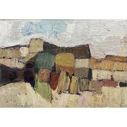 John Ellison (British 1932-2005): 'Yorkshire Landscape', oil on board, titled verso on artist's address label 'Fern Cottage, High Street, Scalby, Scarborough' 60cm x 85cm 
Notes: Ellison was a part-time lecturer within the Art Department of Scarborough Technical College in the 1960s, before moving on to become a Senior Lecturer at Guilford School of Art.