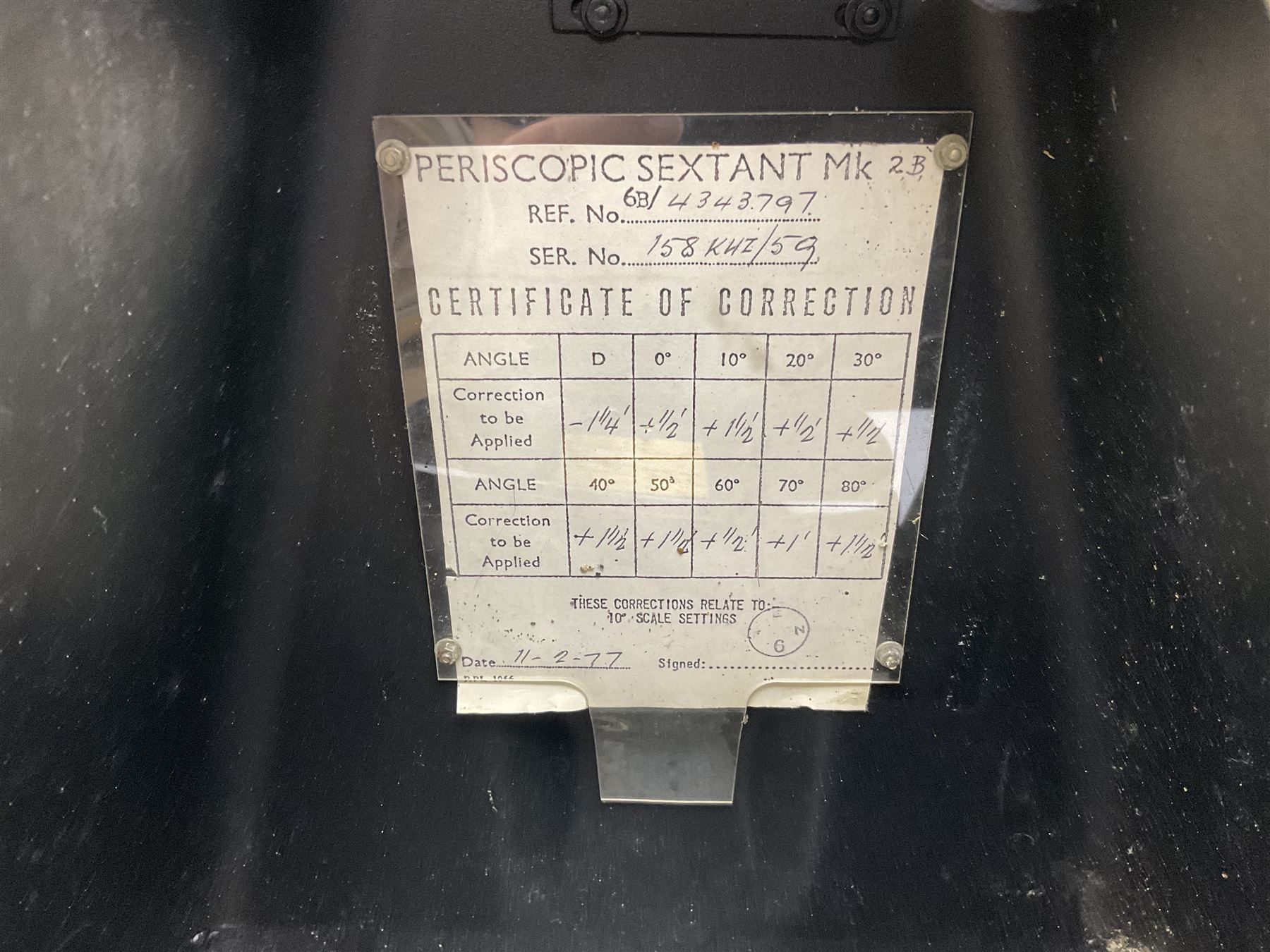 Air Ministry Periscopic Sextant Mk.2B, possibly by Kelvin & Hughes, Ref.No. 6B/2838 Serial No. 158KH1/59, bearing Fenns (Farnborough) Ltd label; in black pyramid shaped stowage case with various labels