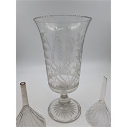 Collection of glassware, comprising etched glass celery vase, water barometer, and two wine funnels 