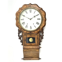 19th century drop dial wall clock, shaped front with circular Roman dial, leaf carved and pierced brackets, inlaid flower heads and foliage, twin train movement striking on bell, H81cm (with pendulum)