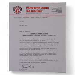 Manchester United football memorabilia relating to Colin Appleton, former Leicester City captain and Scarborough FC manager, including two letters from Manchester United club secretary Ken Merrett inviting Colin to join the official party for the European Cup Winners Cup Final between Manchester United and Barcelona, Rotterdam 1991 and the FA Cup Final 1990, two programmes for the above European cup match and three Rotterdam rosettes, ticket stubs for the 1991 Rumbelows League Cup finals and an Official Staff Party itinerary for this match, Challenge Cup Final Tie 1990 ticket stubs, three representative passes, boarding passes and plane tickets