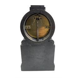 Benjamin Vulliamy of London- a small Regency 8-day ormolu and black marble mantle timepiece c1820, circular movement with a drum housing cradled on decorated scroll supports and a stepped marble plinth, the front of the plinth faintly incised with an armorial coat of arms, 3-1/2