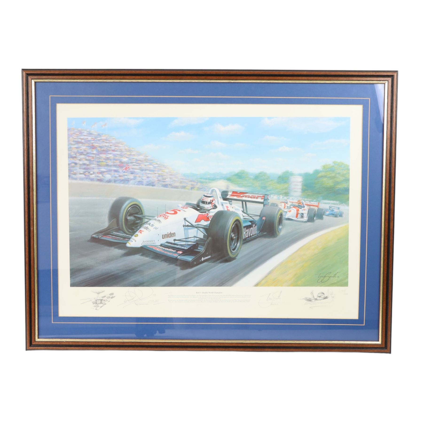 Signed limited edition Nigel Mansell print 'Red 5 - Double World Champion', signed by Nigel Mansell and artist Tony Smith, framed, frame H63cm, W82cm