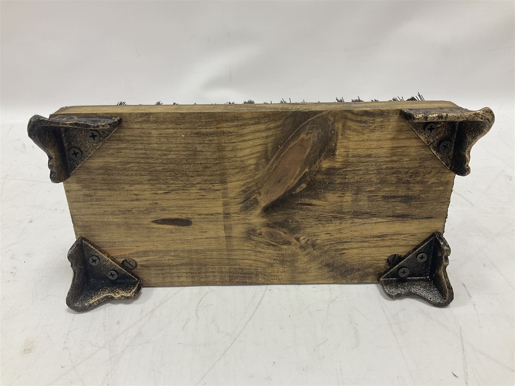 Cast iron horse and foal boot brush on wooden base, H25 cm