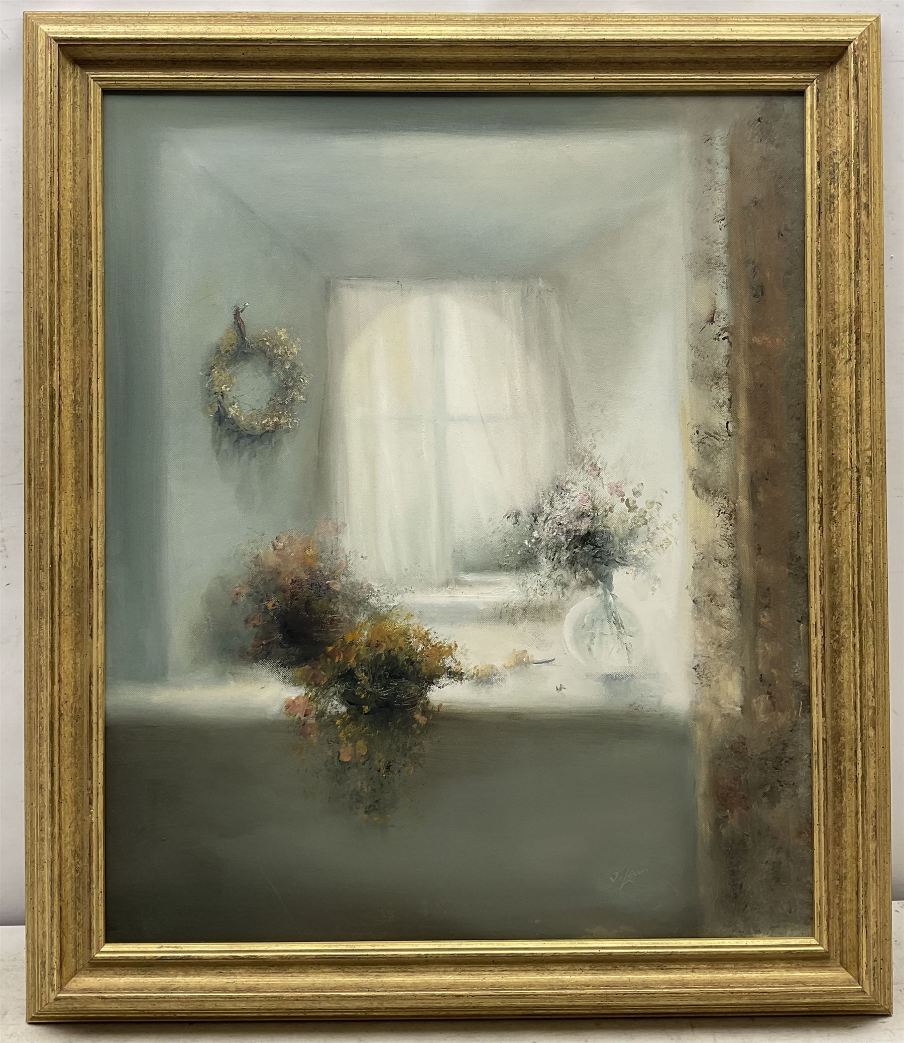 Judith Levin (British 1956-): Floral Arrangements beside a Window, oil on canvas signed 60cm x 50cm 