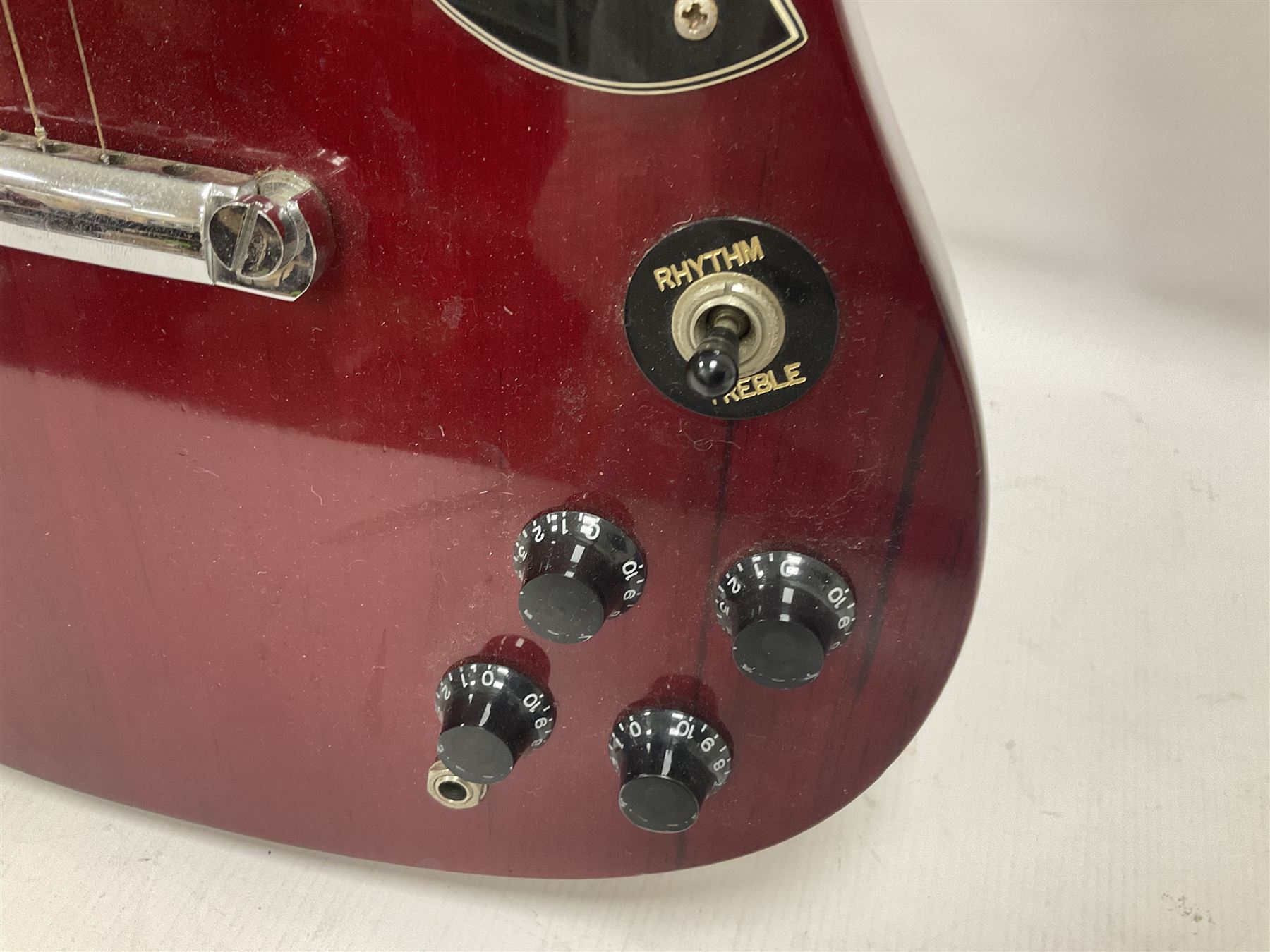 Vintage VS6M Reissued Series six string electric guitar, with solid body in cherry red finish, in carrying case, guitar L103cm