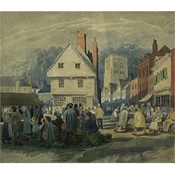 Marjorie Holland (British early 20th century): 'Interior of an Old Barn - Little Norton', watercolour signed, titled verso 30cm x 20cm; English School (early 20th century): Street Scene, watercolour unsigned 36cm x 23cm; Continental School (19th/20th century): 19th Century Market Scene, watercolour signed with initials JMC 17cm x 19cm (3)