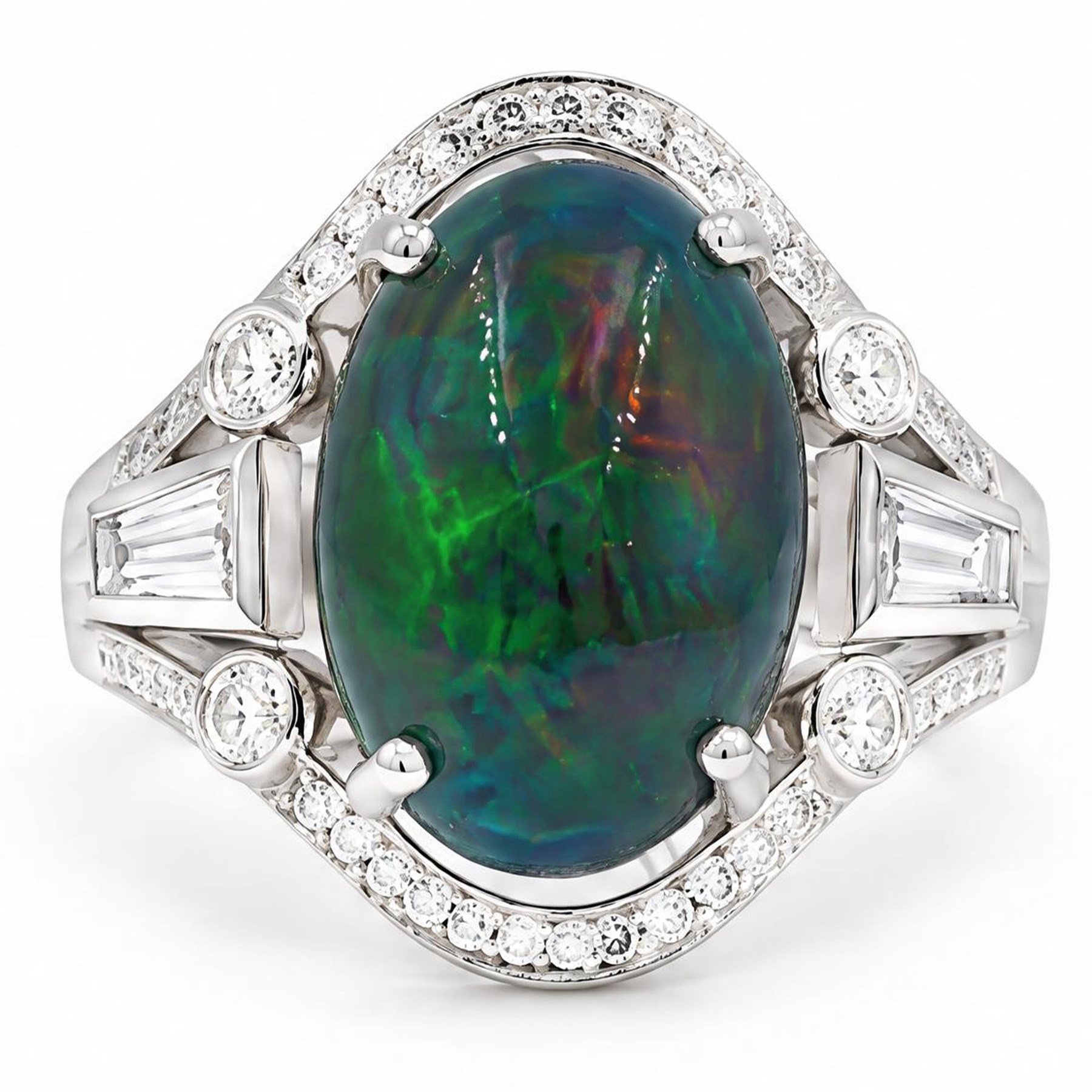 Platinum black opal and diamond ring, four claw set with a single oval cabochon opal of approx 8.45 carat, the openwork surround milgrain set with forty-eight round brilliant cut diamonds and tapered baguette cut shoulders, London 2025