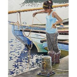 Dag Hagenaes Kjelldahl (Norwegian/Whitby Contemporary): Young Girl Fishing off the Pier, oil on canvas signed 50cm x 40cm