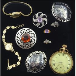 9ct gold single stone amethyst ring, 9ct gold Accurist ladies manual wind bracelet wristwatch, Scottish silver amethyst brooch by John Hart, Edinburgh 1965, one other stone set brooch by Ward Brothers, silver rings, Siam silver brooches, all stamped or hallmarked, Rotary gilt wristwatch and and a gold-plated lever pocket watch