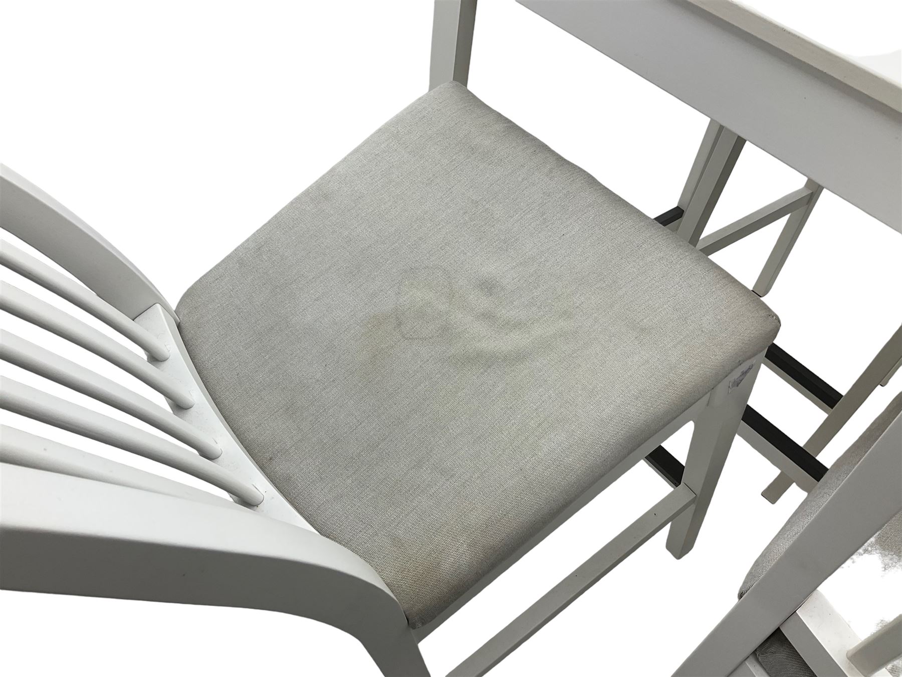 IKEA - 'Ekedalen' bistro set, rectangular table raised on chamfered supports (W121cm D80cm H106cm); and set four bar stools, stick back, in white finish