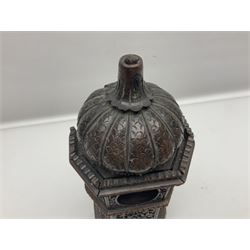 Carved wooden pocket watch holder/stand, in the form of a clock tower, with carved floral design and domed top, H36cm