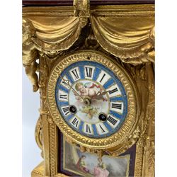 Late 19th century gilt metal mantel clock, cartouche pediment over putti and linen swags, sevres style painted porcelain dial and panels, main panel signed on reverse 'III Pourpre Dourdan', scrolled acanthus brackets and the base set with laurel wreath, twin train movement striking the hours and half on bell, movement back plate stamped '5051'