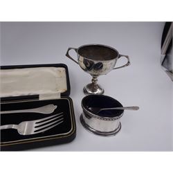 Group of silver, comprising small trophy cup, cased spoon and fork set, pair of pepper shakers, etc, all hallmarked 