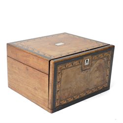 Victorian walnut writing/needlework box with parquetry banding and mother of pearl escutcheon and key plate, hinged lid with fitted interior and fall front with writing surface and two small drawers 
