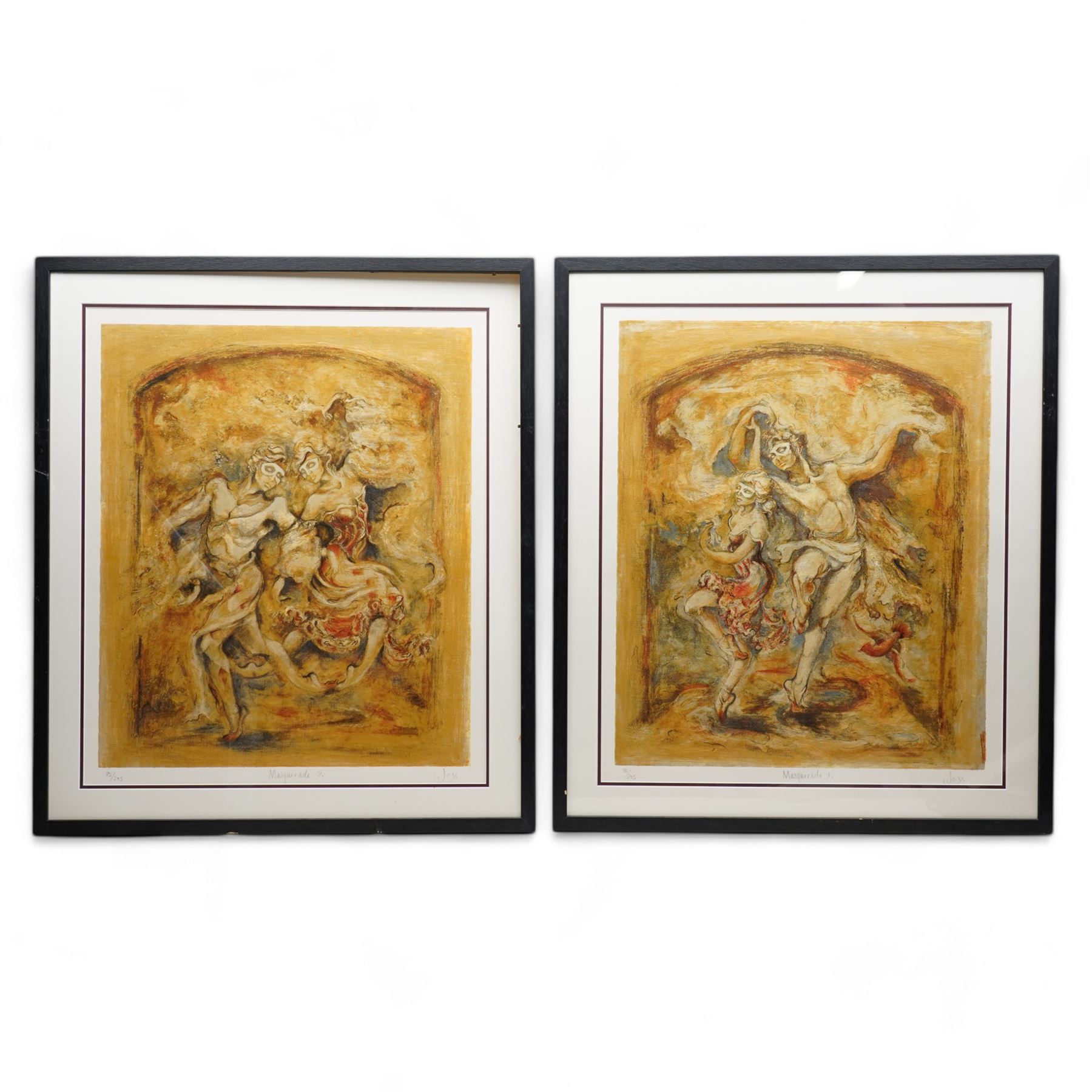 Joy Kirton-Smith (British contemporary): 'Masquerade I' and 'Masquerade II', pair limited edition colour prints signed titled and numbered 76/295 and 75/295 in pencil 60cm x 50cm (2)
