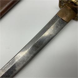 WW2 Japanese Army officer's shin gunto/katana sword with 67cm steel single edged blade, foliate cast brass tsuba, bound fish-skin grip with brass mounts, inscribed and painted marks to tang; in lacquered wooden scabbard with leather combat covering bearing four character marks L99cm overall