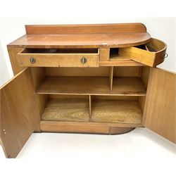 Art Deco oak sideboard, raised shaped back, two drawers above two cupboards, platform base