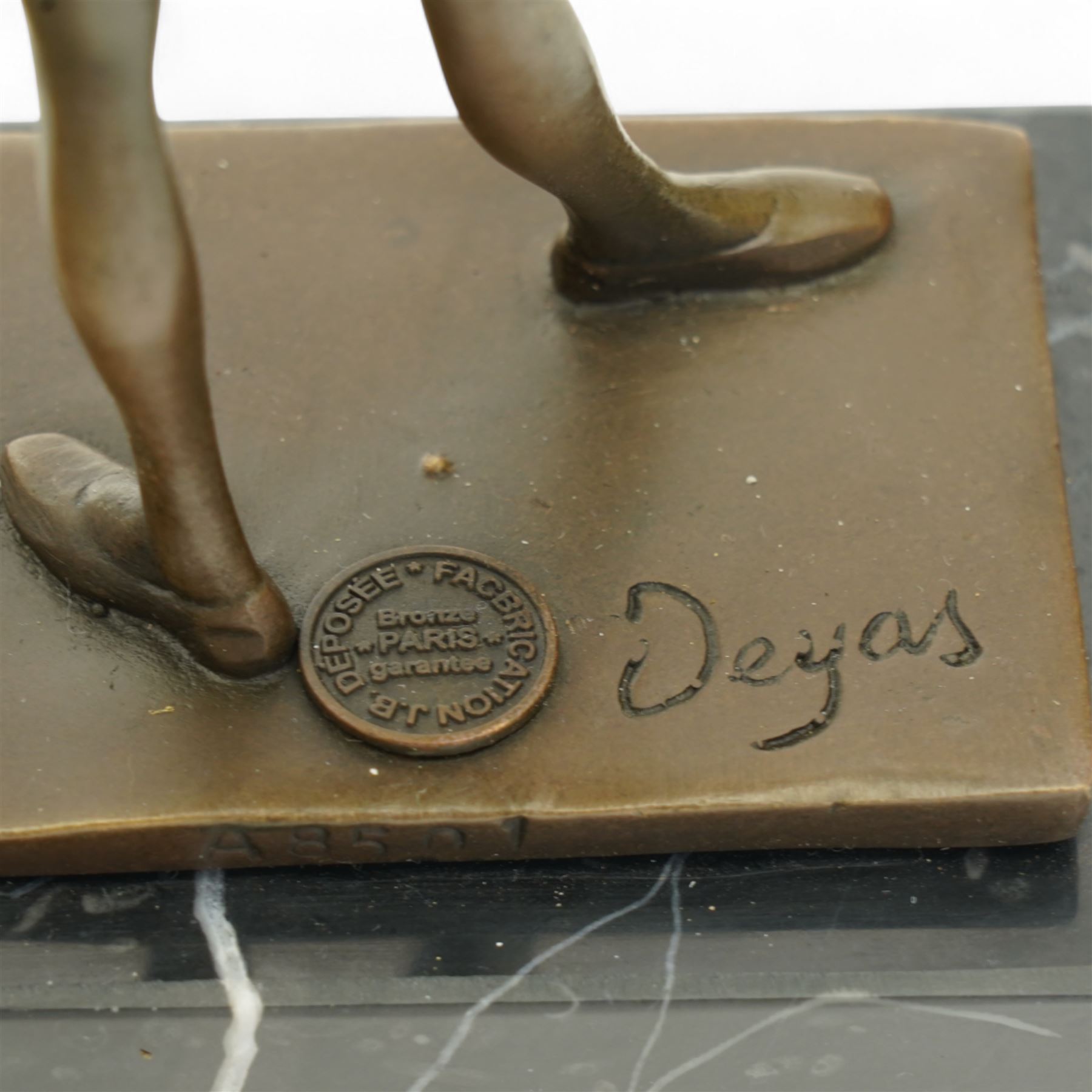 After Degas - Small bronze standing figure of a girl with foundry mark on marble plinth H19cm 