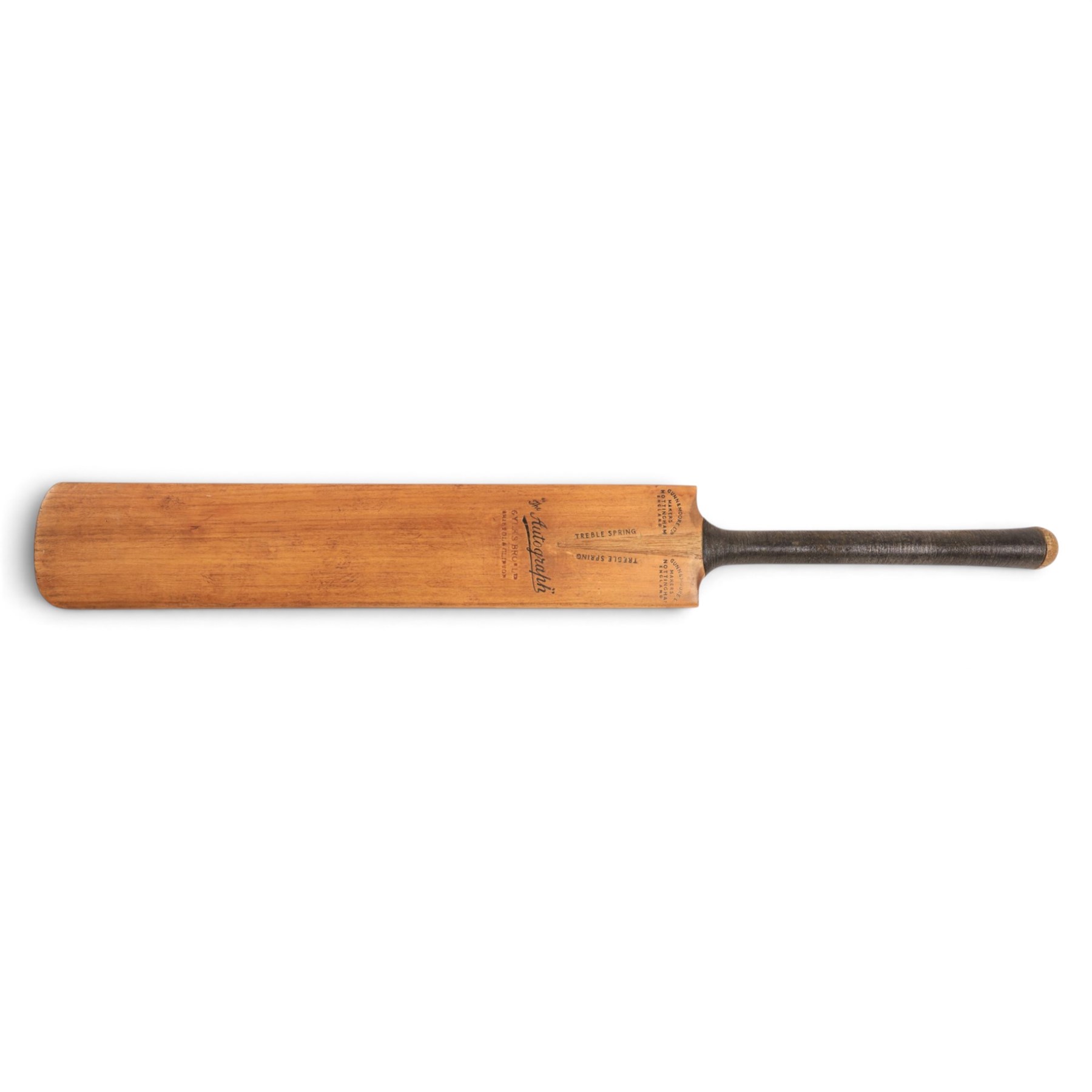 Victorian Jefferies & Malings of Woolwich cricket bat with silver plaque, presented to A.G. Baker for the Highest Average December 1874, together with a Gunn & Moore Ltd 'The Autograph' cricket bat (2)