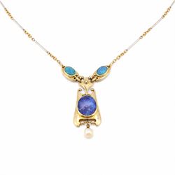 Murrle Bennett & Co Art Nouveau gold boulder opal and pearl pendant, stamped 15ct, on platinum bar and 15ct gold belcher link chain necklace 