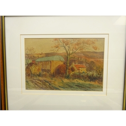 DJ Bevan (British 20th century): Moorland Scenes, three watercolours, two signed and one dated 16/12/41, Boats in the Harbour, early 20th century watercolour signed H Callen, and two etchings indistinctly signed and titled, max 34cm x 24cm (6)