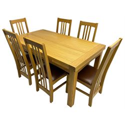 Multi-York - light oak dining table, rectangular draw leaf extending top, on square supports; together with a set of six chairs high back dining chairs with brown leather upholstered seats 