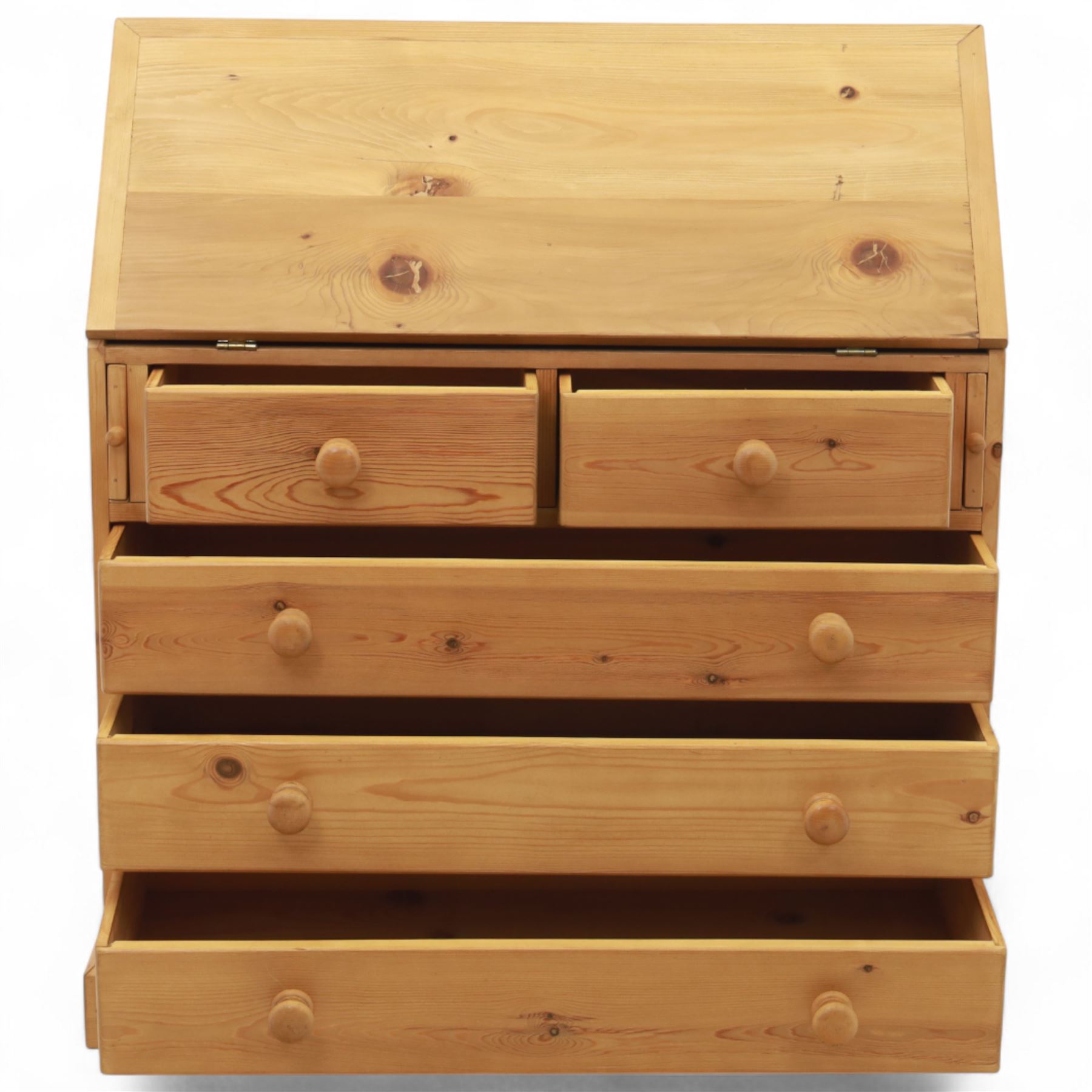 Contemporary waxed pine bureau, fall front enclosing fitted interior with pigeonholes and drawers, over two short and three long drawers with turned wooden knobs, on plinth base