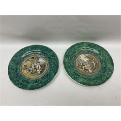 19th century Prattware table ware to include an oval footed dish decorated with a scene after Landseer 'Highland Music', retailed by James Muggleton L27.5cm, ‘The Truant’ plate after T. Webster, 'Blind Man's Buff' & 'Snap Dragon' tea plate, two side plates with malachite printed borders and others (17)