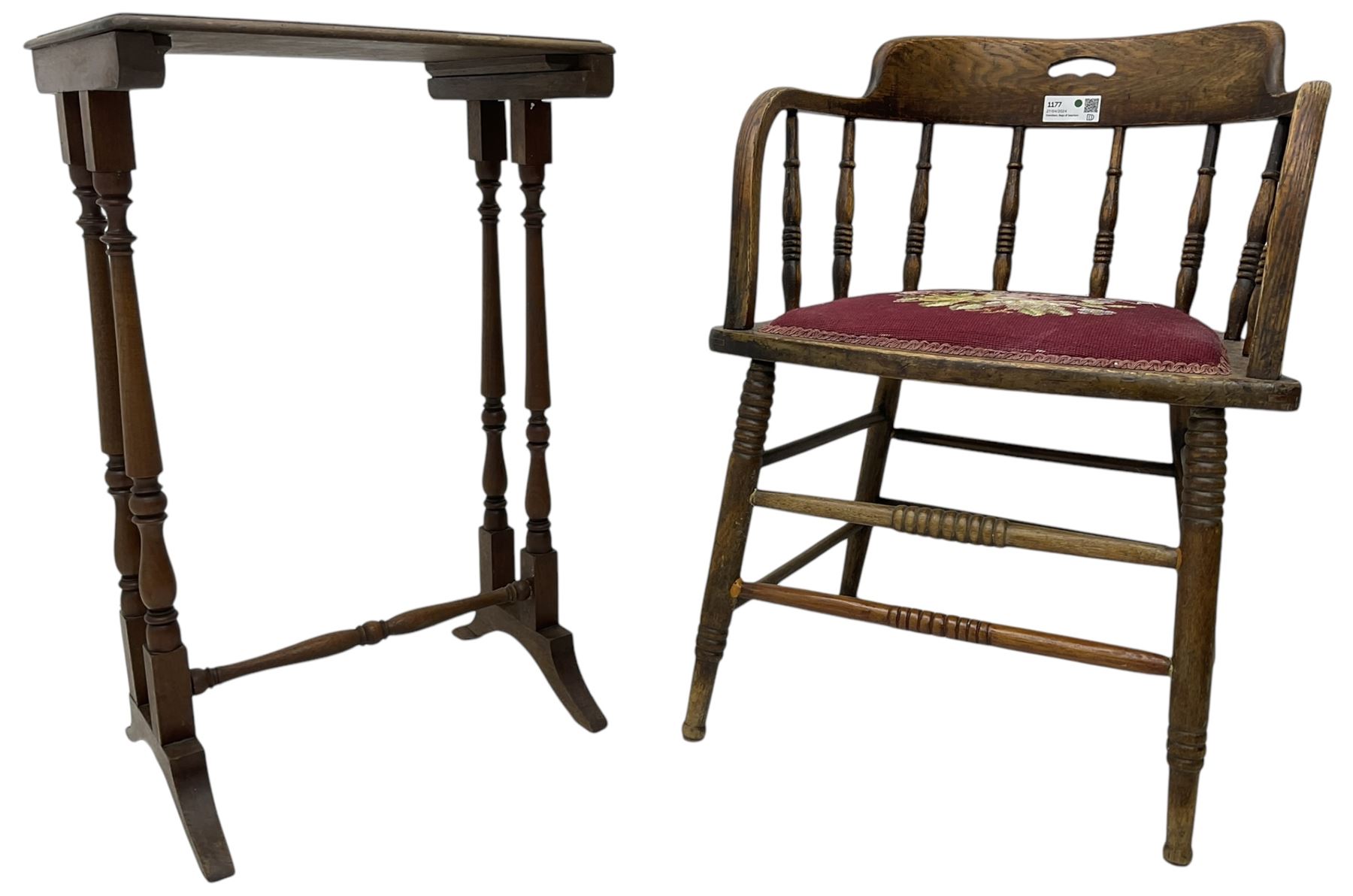 Early 20th century American oak smokers bow tub armchair, shaped cresting rail with pierced handle over ring turned spindle back, seat upholstered in pink tapestry fabric (W56cm, H73cm); small 20th century walnut occasional table on turned supports (W43cm, H70cm, D33cm)